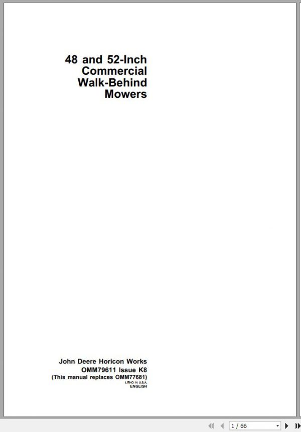 John Deere Walk Behind Mowers 48 52 Inch Operators Manual OMM79611 K8 1