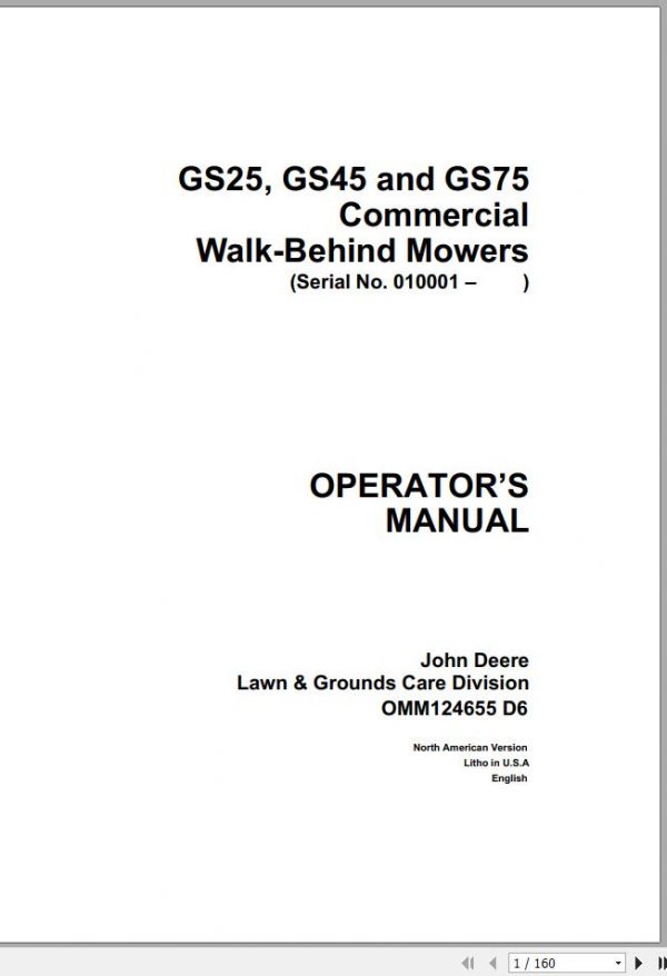 John Deere Walk Behind Mowers GS25 GS45 GS75 Operators Manual OMM124655 D6 1