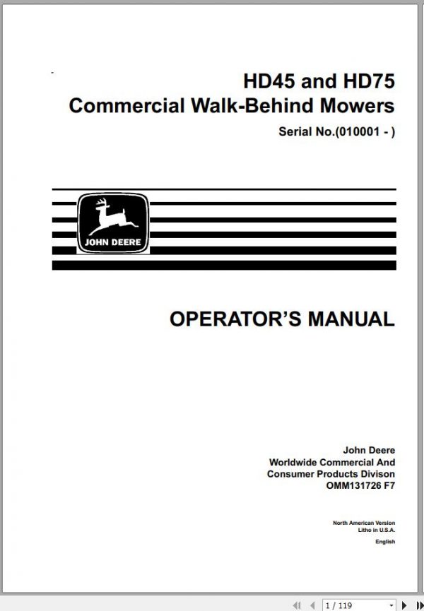 John Deere Walk Behind Mowers HD45 HD75 SN 010001 Operators Manual OMM131726 F7 1
