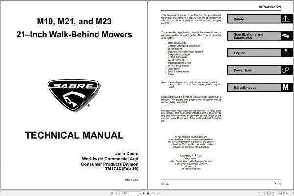 John Deere Walk Behind Mowers M10 M21 M23 21 Inch Technical Manual TM1722 1