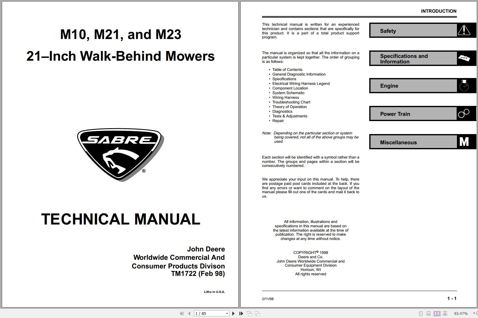 John Deere Walk Behind Mowers M10 M21 M23 21 Inch Technical Manual TM1722 1
