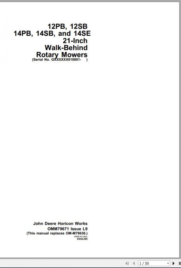 John Deere Walk Behind Rotary Mower 12PB 14SE 21 Inch Operators Manual OMM79671 L9 1