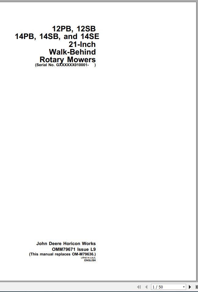 John Deere Walk Behind Rotary Mower 12PB 14SE 21 Inch Operators Manual OMM79671 L9 1
