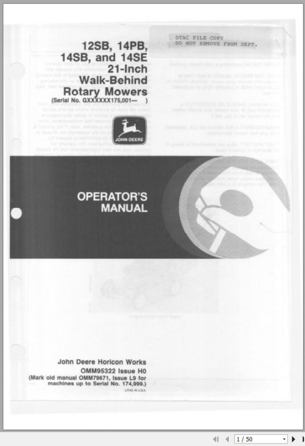 John Deere Walk Behind Rotary Mower 12SB 14SE 21 Inch Operators Manual OMM95322 H0 1