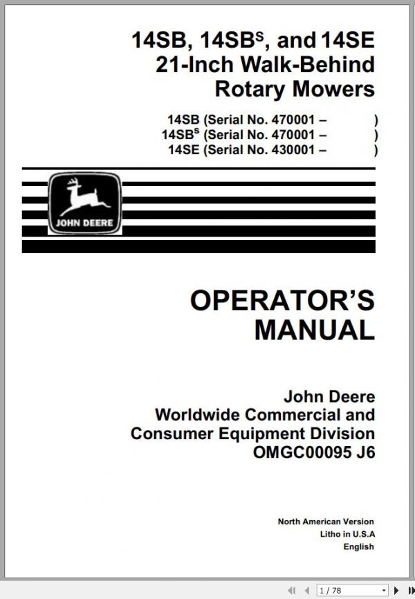 John Deere Walk Behind Rotary Mower 14SB 14SE 21 Inch Operators Manual OMGC00095 J6 1