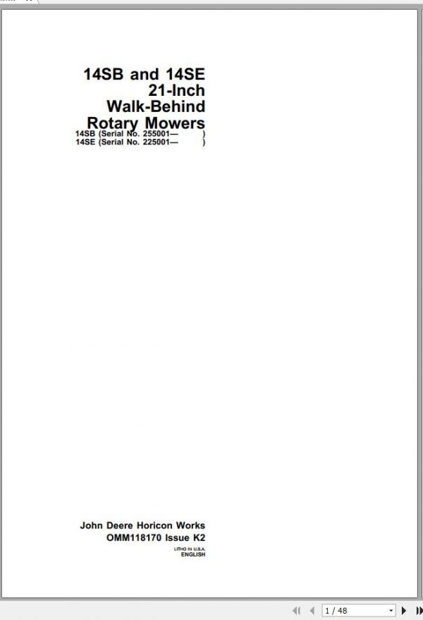 John Deere Walk Behind Rotary Mower 14SB 14SE 21 Inch Operators Manual OMM118170 K2 1