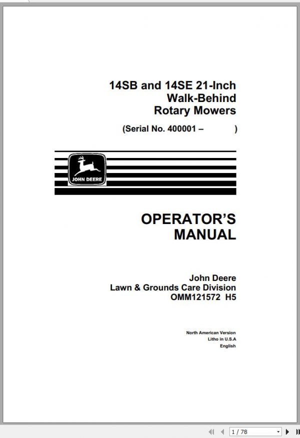 John Deere Walk Behind Rotary Mower 14SB 14SE 21 Inch Operators Manual OMM121572 H5 1