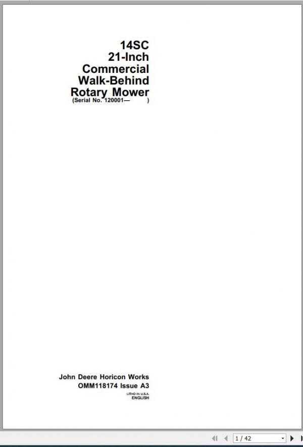 John Deere Walk Behind Rotary Mower 14SC 21 Inch Operators Manual OMM118174 A3 1