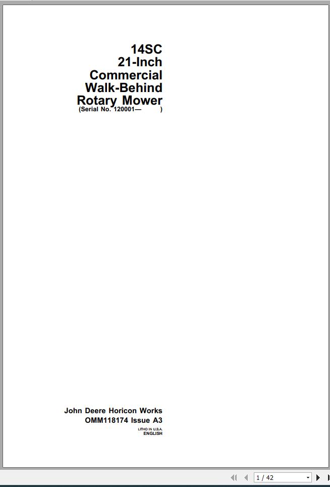 John Deere Walk Behind Rotary Mower 14SC 21 Inch Operators Manual OMM118174 A3 1