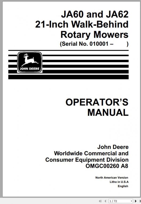 John Deere Walk Behind Rotary Mower JA60 JA62 21 Inch Operators Manual OMGC00260 A8 1