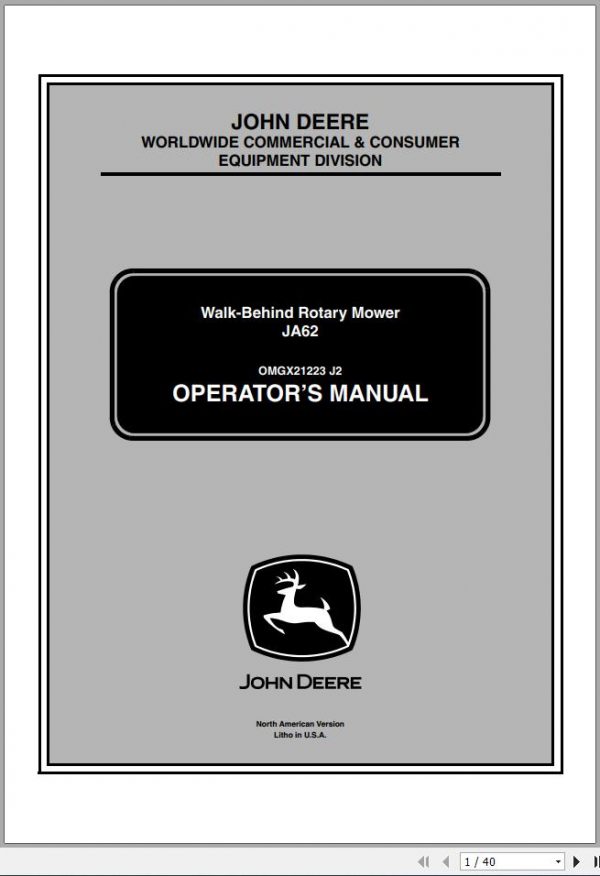 John Deere Walk Behind Rotary Mower JA62 Operators Manual OMGX21223 J2 2002 1