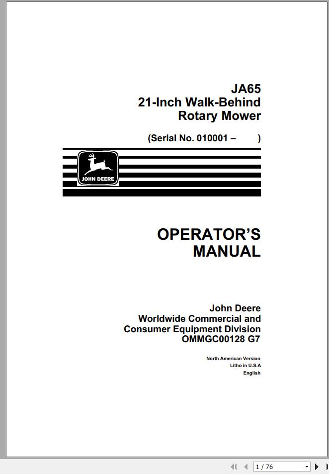 John Deere Walk Behind Rotary Mower JA65 21 Inch Operators Manual OMMGC00128 G7 1