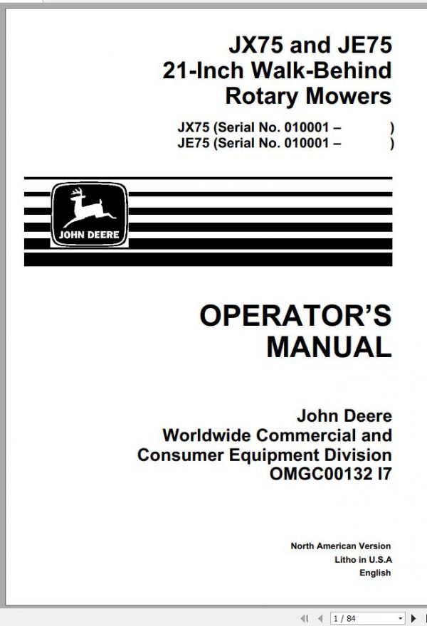 John Deere Walk Behind Rotary Mower JX75 JE75 21 Inch Operators Manual OMGC00132 I7 1