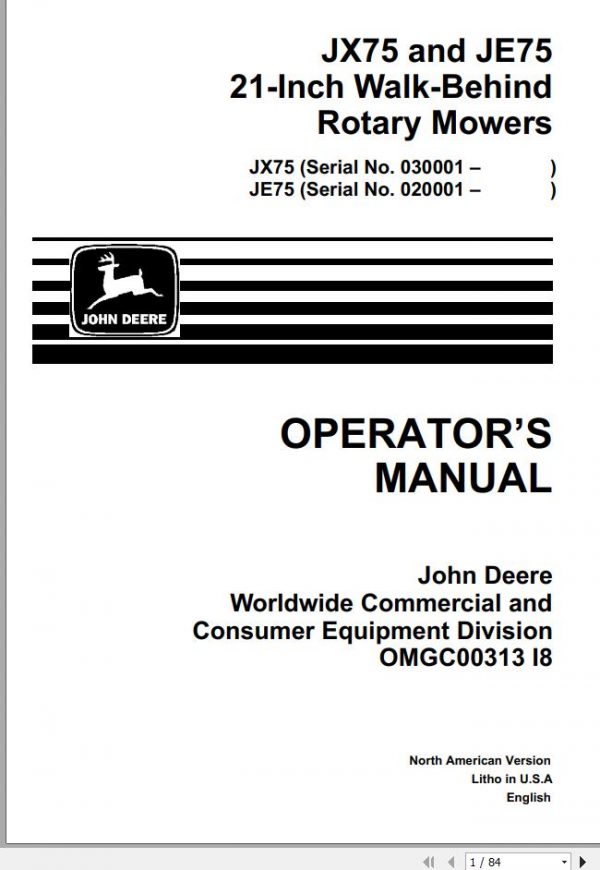 John Deere Walk Behind Rotary Mower JX75 JE75 21 Inch Operators Manual OMGC00313 I8 1