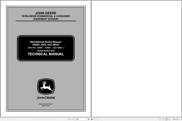 John Deere Walk Behind Rotary Mowers JS60H JS63 JS63C Technical Manual TM2209 03.2004 1