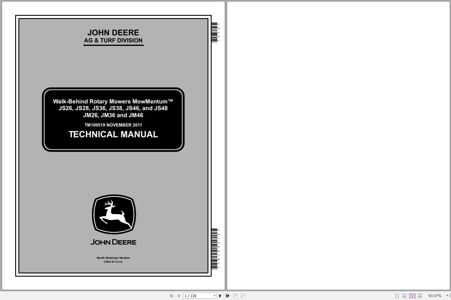 John Deere Walk Behind Rotary Mowers MowMentum JS26 JS48 JM26 JM46 Technical Manual TM10951