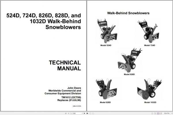 John Deere Walk Behind Snowblowers 524D 724D 826D 828D 1032D Technical Manual TM1612 1