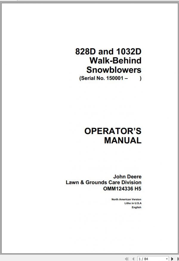 John Deere Walk Behind Snowblowers 828D 1032D SN 150001 Operators Manual OMM124336 H5 1