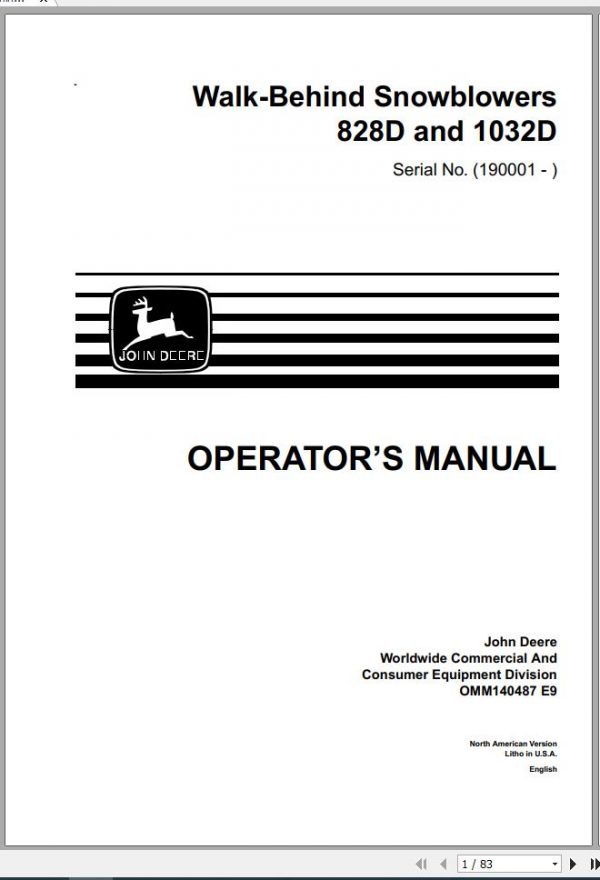 John Deere Walk Behind Snowblowers 828D 1032D SN 190001 Operators Manual OMM140487 E9 1