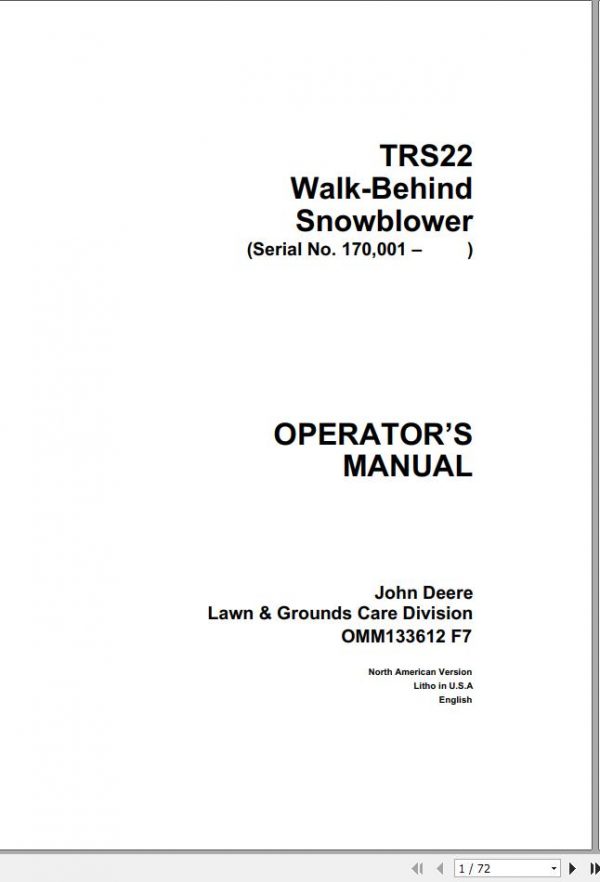 John Deere Walk Behind Snowblowers TRS 22 SN 170001 Operators Manual OMM133612 F7 1