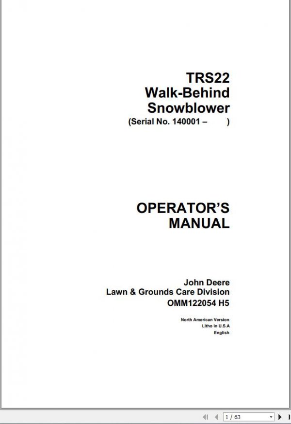John Deere Walk Behind Snowblowers TRS22 SN 140001 Operators Manual OMM122054 H5 1