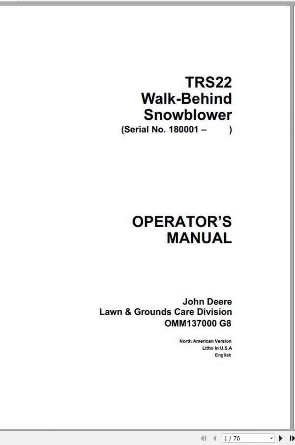 John Deere Walk Behind Snowblowers TRS22 SN 180001 Operators Manual OMM137000 G8 1