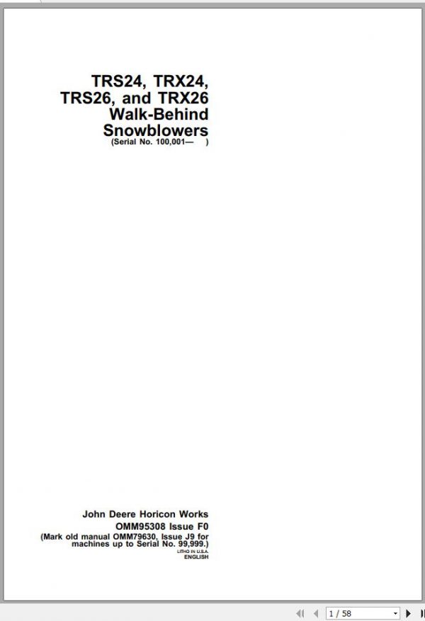 John Deere Walk Behind Snowblowers TRS24 TRX24 TRS26 TRX26 Operators Manual OMM95308 F0 1