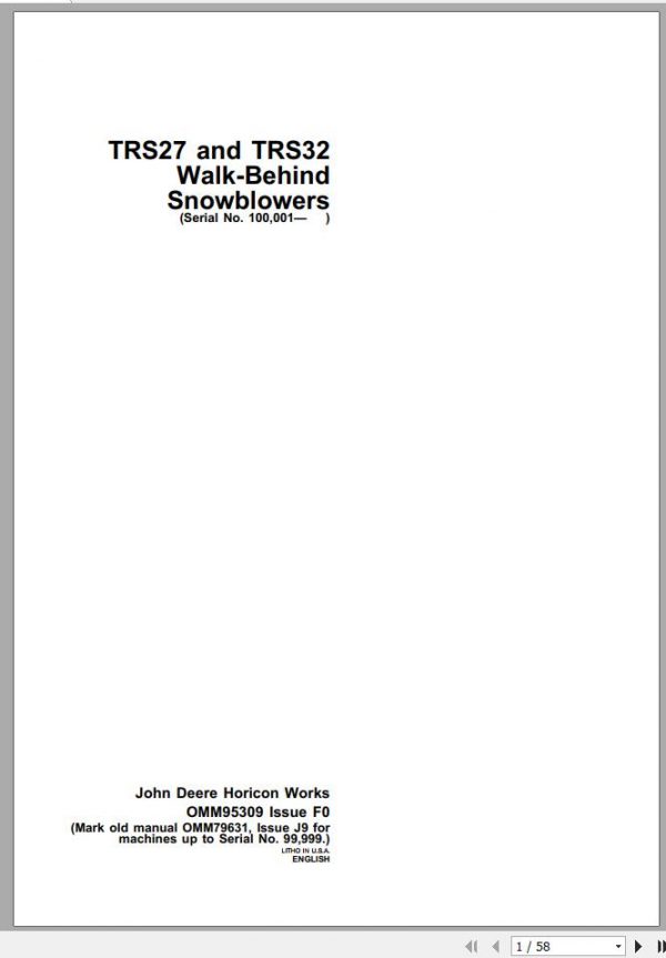 John Deere Walk Behind Snowblowers TRS27 TRS32 SN 100001 Operators Manual OMM95309 F0 1