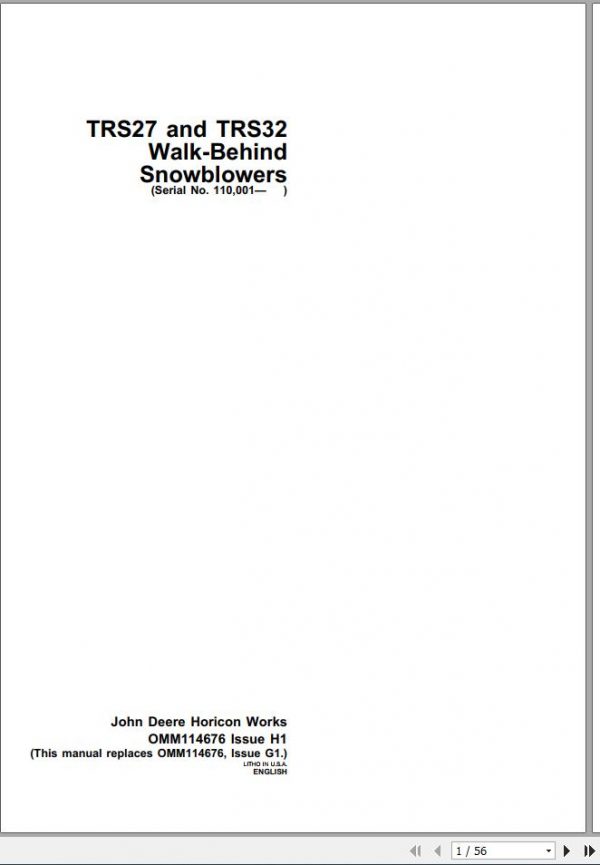 John Deere Walk Behind Snowblowers TRS27 TRS32 SN 110001 Operators Manual OMM114676 H1 1