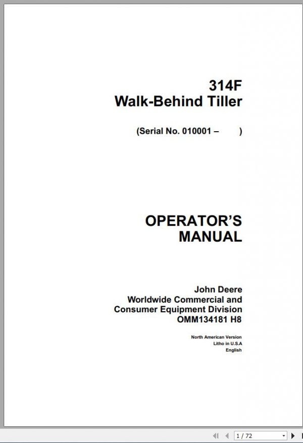 John Deere Walk Behind Tiller 314F SN 010001 Operators Manual OMM134181 H8 1