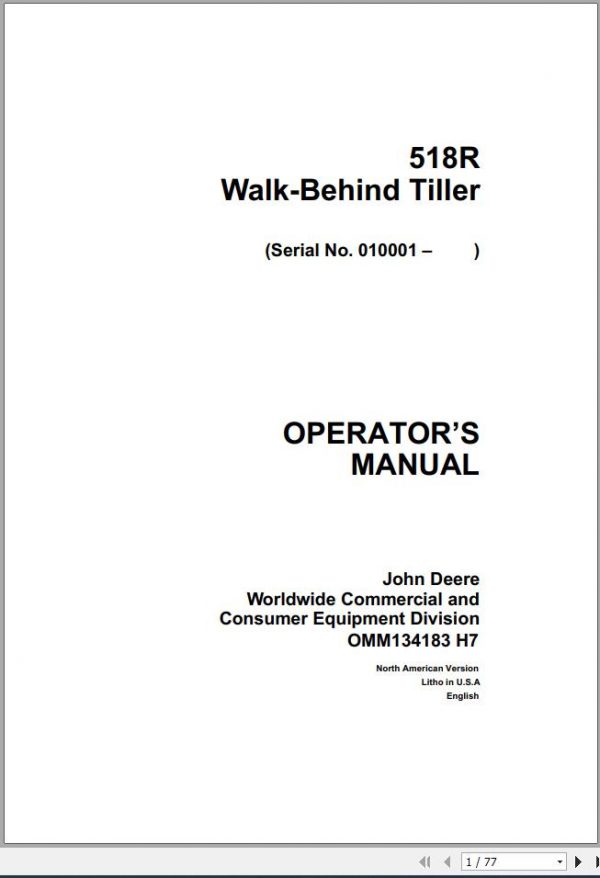 John Deere Walk Behind Tiller 518R SN 010001 Operators Manual OMM134183 H7 1