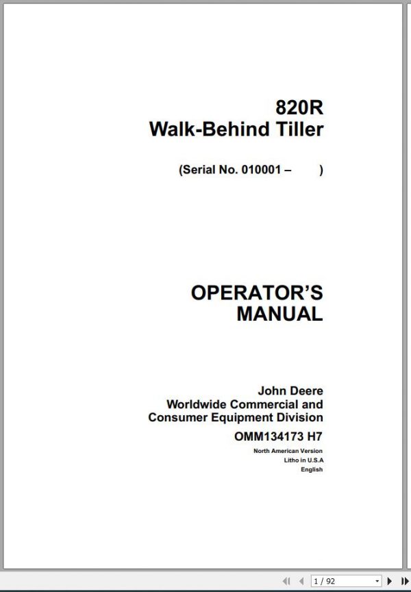 John Deere Walk Behind Tiller 820R SN 010001 Operators Manual OMM134173 H7 1