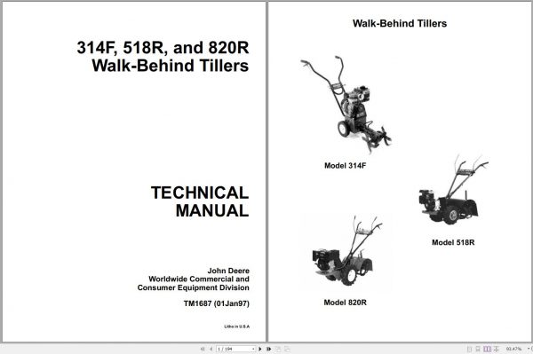 John Deere Walk Behind Tillers 314F 518R 820R Technical Manual TM1687 1