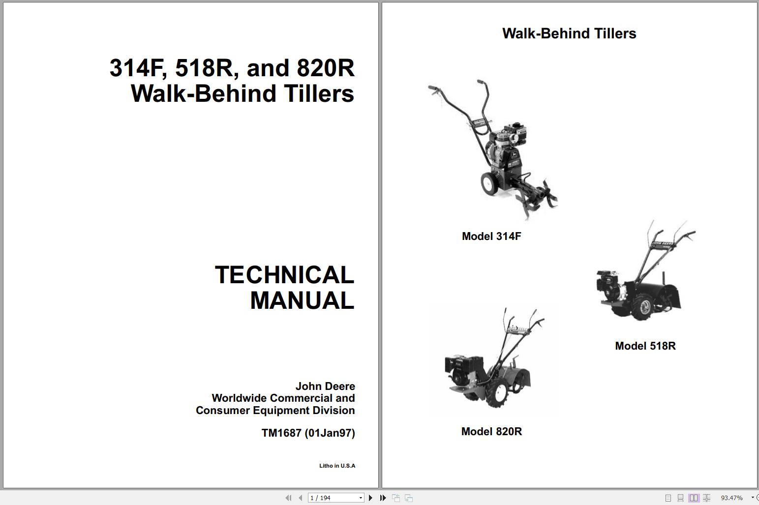 John Deere Walk Behind Tillers 314F 518R 820R Technical Manual TM1687 1