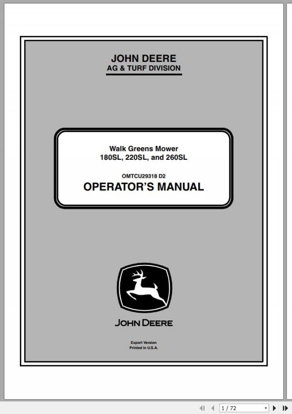John Deere Walk Greens Mower 180SL 220SL 260SL SN 010001 Operators Manual 2012 1
