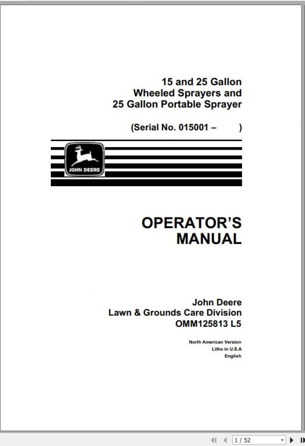 John Deere Wheeled Sprayer 15 25 Gallon Portable Operators Manual OMM125813 L5 1