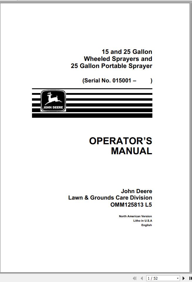John Deere Wheeled Sprayer 15 25 Gallon Portable Operators Manual OMM125813 L5 1