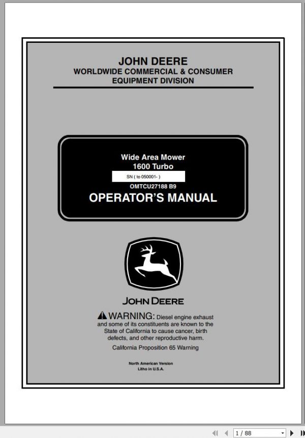John Deere Wide Area Mower 1600 Turbo SN 050001 Operators Manual OMTCU27188 B9 2009 1