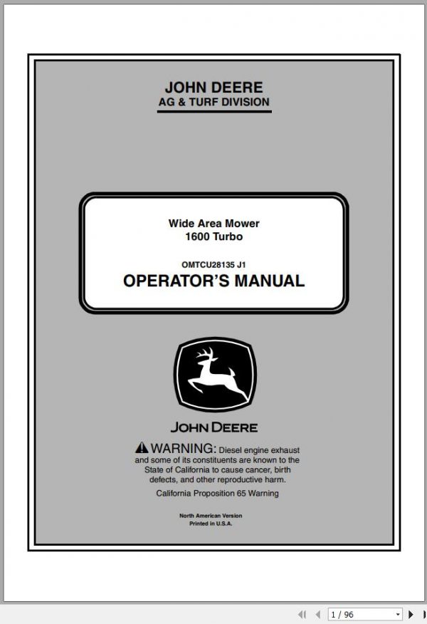 John Deere Wide Area Mower 1600 Turbo SN 090001 Operators Manual OMTCU28135 J1 2011 1