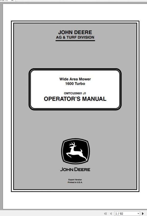 John Deere Wide Area Mower 1600 Turbo SN 090001 Operators Manual OMTCU29601 J1 2011 1