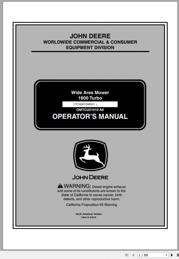 John Deere Wide Area Mower 1600 Turbo TC1600TO50001 Operators Manual OMTCU21010 A9 2009 1