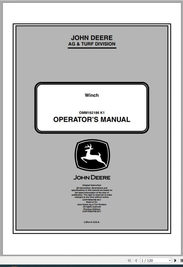 John Deere Winch Operators Manual OMM162186 K1 2011 1