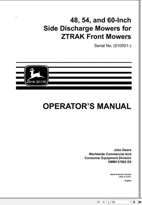 John Deere Z Trak 48 54 60 Inch Side Discharge Mowers Operators Manual OMM137692 E8 1
