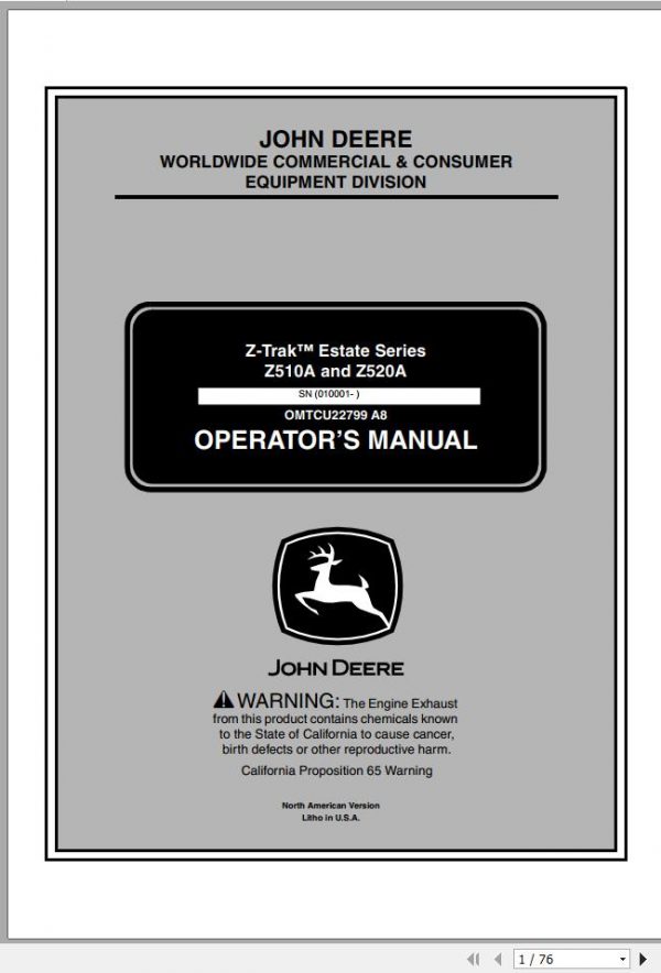 John Deere Z Trak Estate Series Z510A 520A SN 010001 Operators Manual OMTCU22799 A8 2007 1