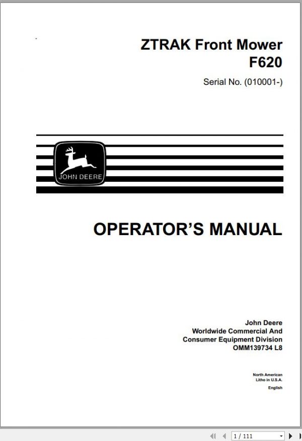 John Deere Z Trak Front Mower F620 SN 010001 Operators Manual OMM139734 L8 1