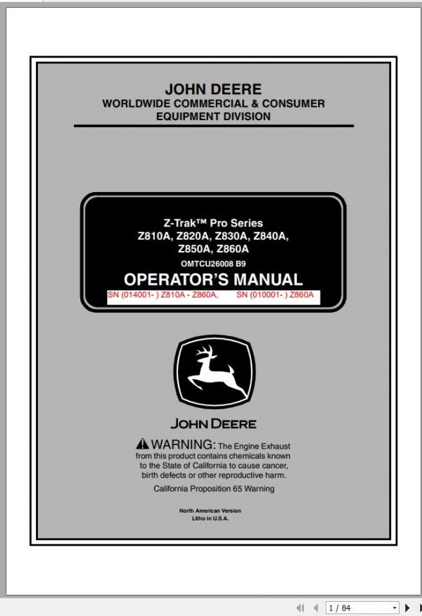 John Deere Z Trak Pro Series Z810A Z860A Operators Manual OMTCU26008 B9 2009 1