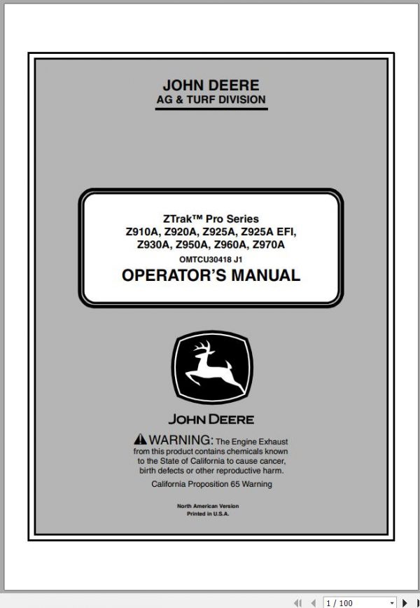John Deere Z Trak Pro Series Z910A Z970A SN 030001 Operators Manual OMTCU30418 J1 2011 1