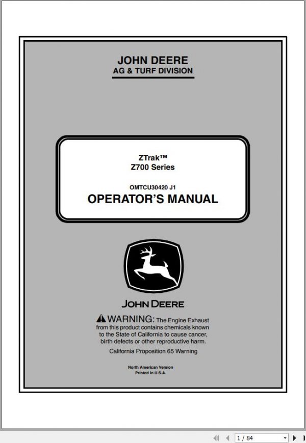 John Deere Ztrak Z700 Series SN 030001 Operators Manual OMTCU30420 J1 2011 1