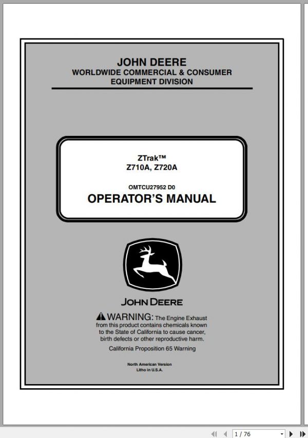 John Deere Ztrak Z710A Z720A SN 010001 Operators Manual OMTCU27952 D0 2010 1