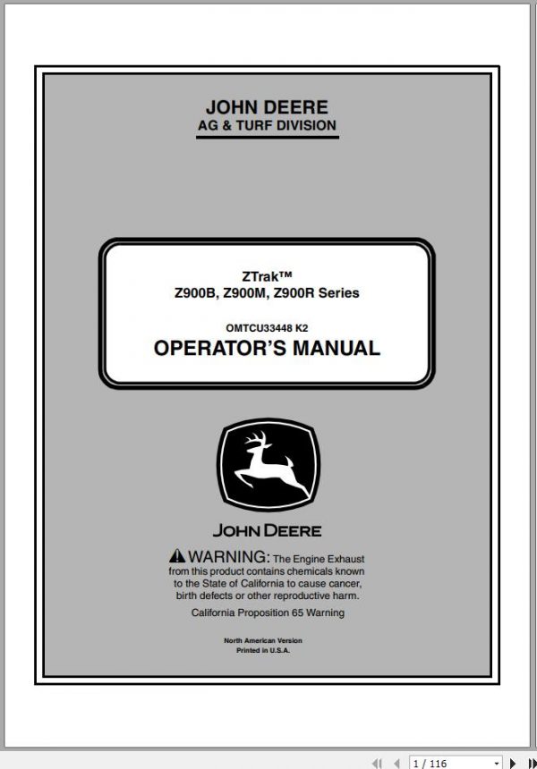 John Deere Ztrak Z900B Z900M Z900R SN 010001 Operators Manual 2012 1